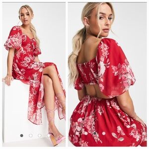 New WT Miss Selfridge Chiffon Puff Sleeve Maxi Dress in red vintage floral Sz 10